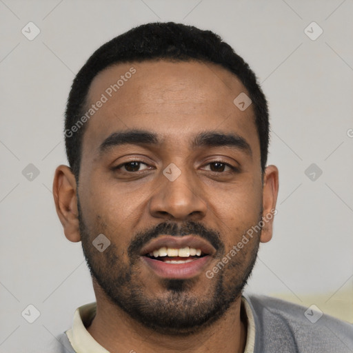 Neutral black young-adult male with short  black hair and brown eyes