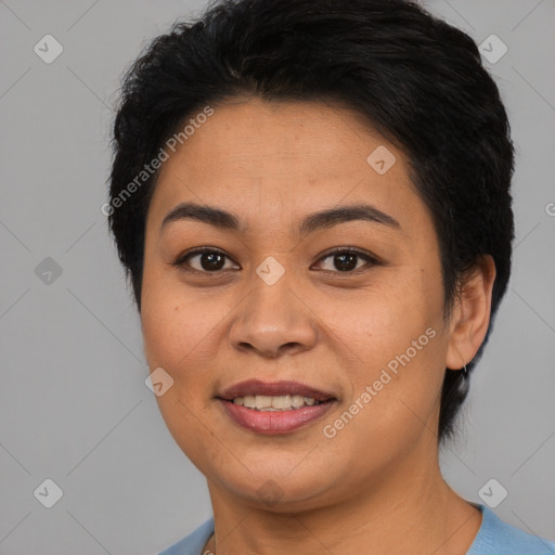 Joyful asian young-adult female with short  brown hair and brown eyes