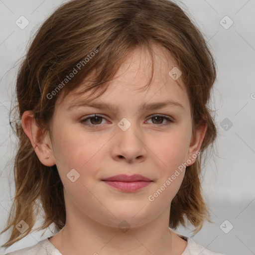 Joyful white child female with medium  brown hair and brown eyes