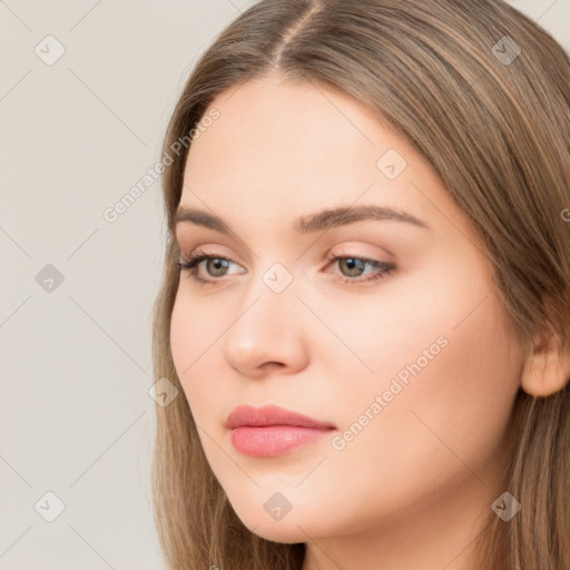 Neutral white young-adult female with long  brown hair and brown eyes