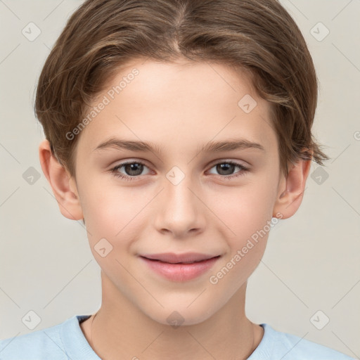 Joyful white child female with short  brown hair and brown eyes