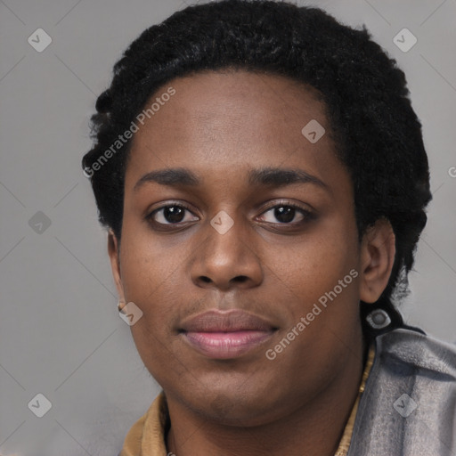 Neutral black young-adult female with short  black hair and brown eyes