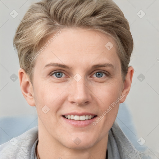 Joyful white young-adult female with short  brown hair and grey eyes