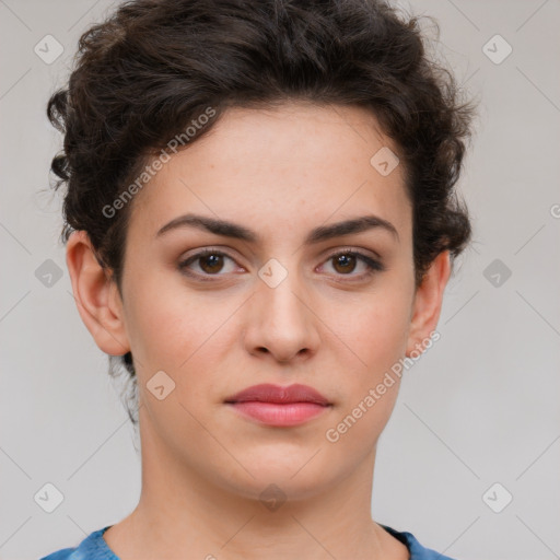 Neutral white young-adult female with short  brown hair and brown eyes