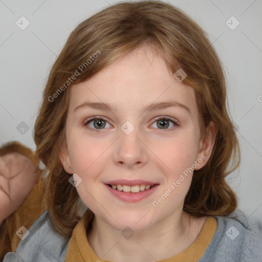 Joyful white child female with medium  brown hair and brown eyes