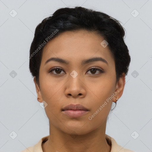 Neutral asian young-adult female with short  black hair and brown eyes