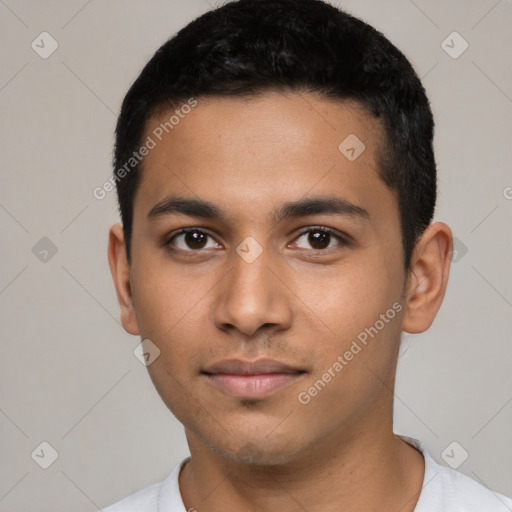 Neutral latino young-adult male with short  black hair and brown eyes