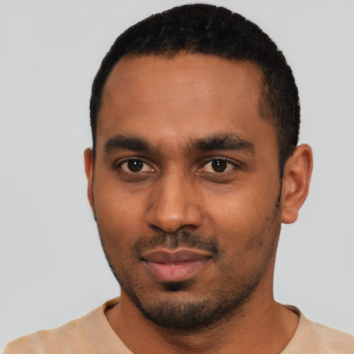 Neutral black young-adult male with short  black hair and brown eyes