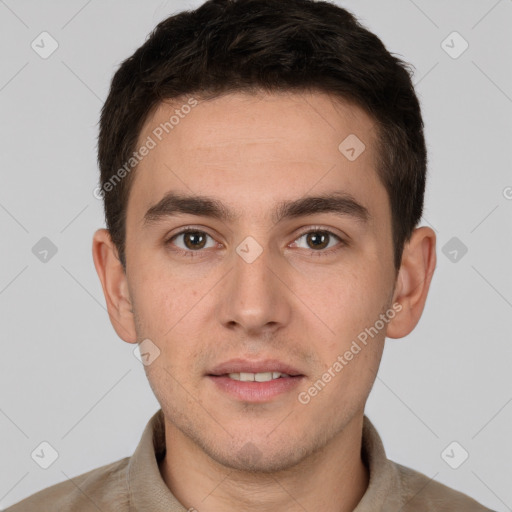 Neutral white young-adult male with short  brown hair and brown eyes