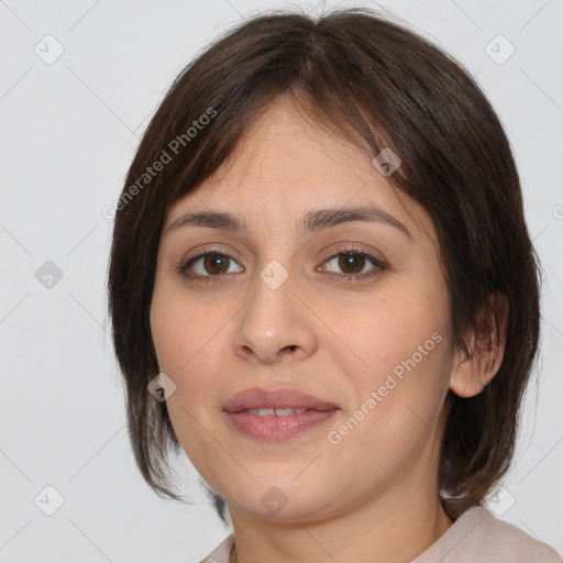 Joyful white young-adult female with medium  brown hair and brown eyes