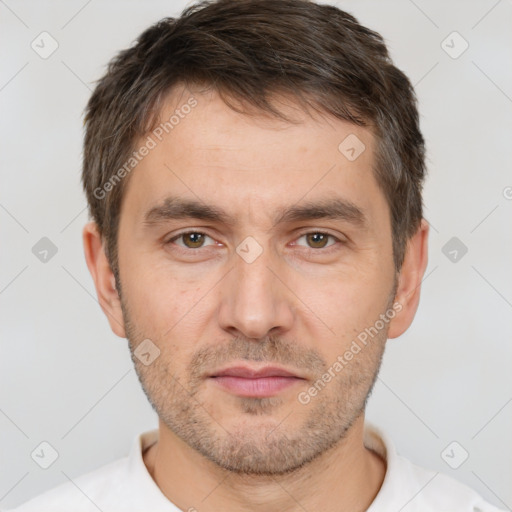 Neutral white adult male with short  brown hair and brown eyes