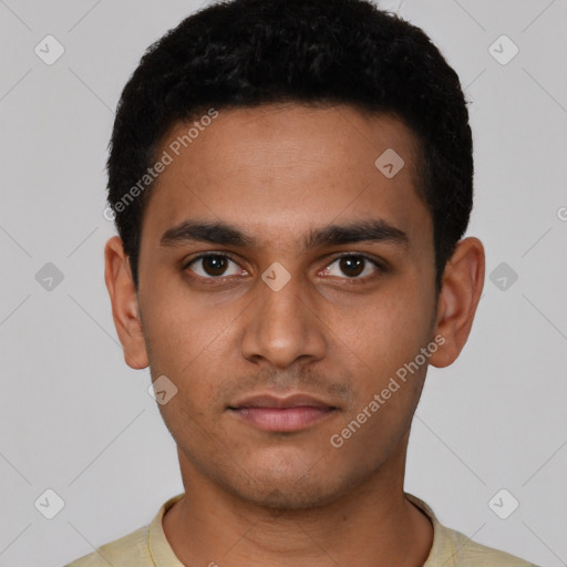 Neutral latino young-adult male with short  black hair and brown eyes