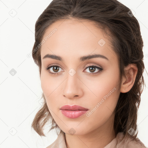 Neutral white young-adult female with long  brown hair and brown eyes