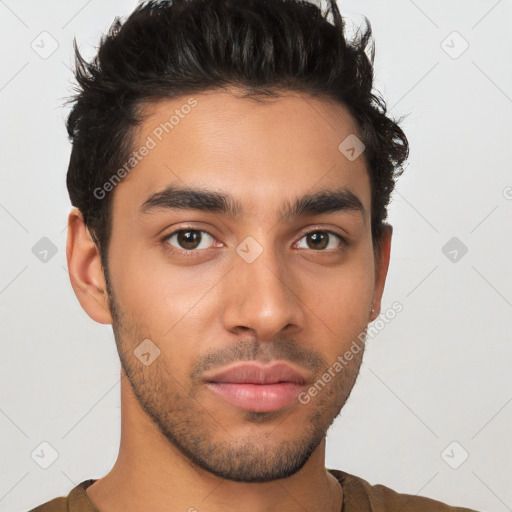 Neutral latino young-adult male with short  brown hair and brown eyes