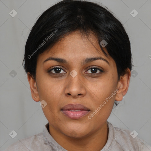 Joyful asian young-adult female with short  black hair and brown eyes