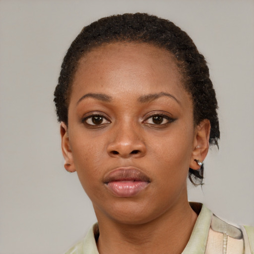 Neutral latino young-adult female with short  black hair and brown eyes
