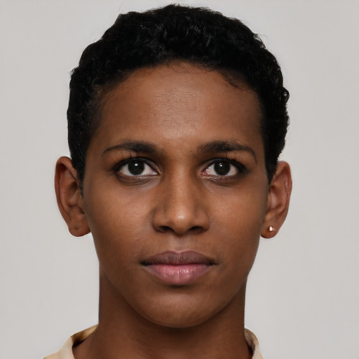Neutral black young-adult female with short  brown hair and brown eyes