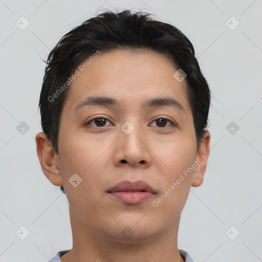 Neutral asian young-adult male with short  brown hair and brown eyes