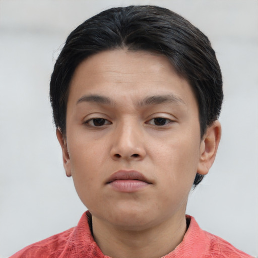 Neutral asian young-adult female with short  black hair and brown eyes