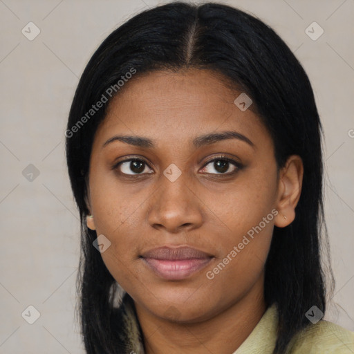 Joyful black young-adult female with medium  black hair and brown eyes