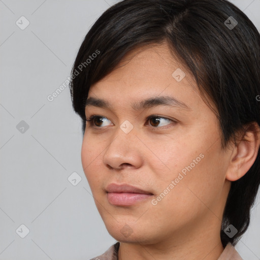 Neutral white young-adult female with medium  brown hair and brown eyes