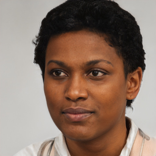 Neutral black young-adult female with short  black hair and brown eyes