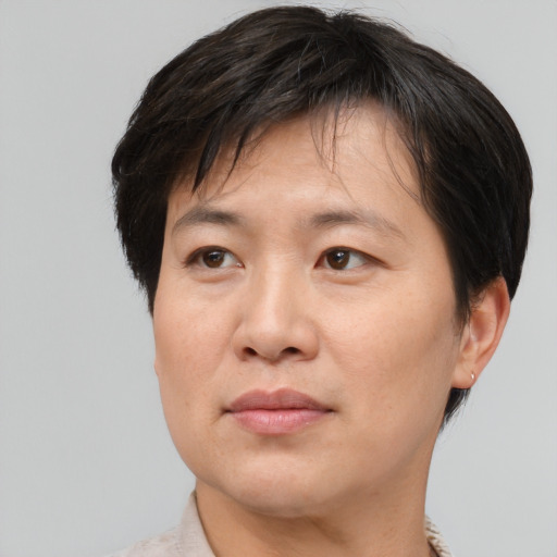Joyful asian adult male with short  brown hair and brown eyes