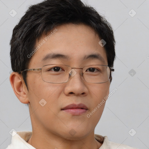 Neutral asian young-adult male with short  brown hair and brown eyes