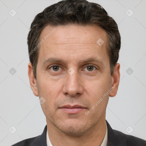 Neutral white adult male with short  brown hair and brown eyes