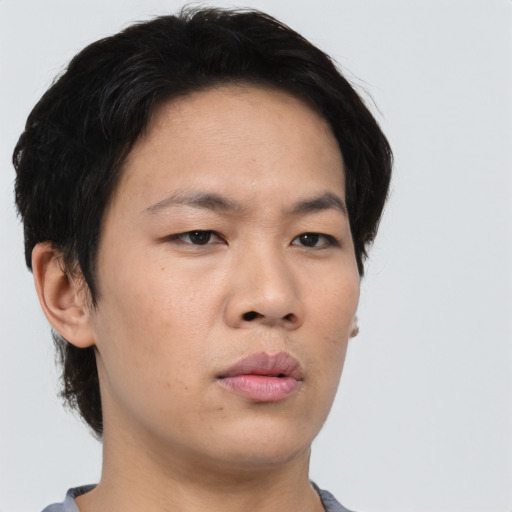 Neutral asian young-adult female with short  black hair and brown eyes