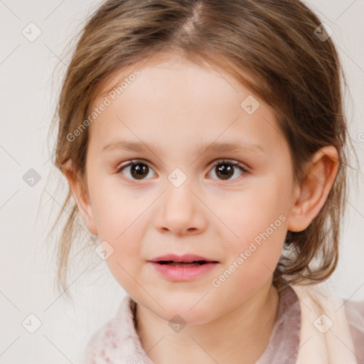 Joyful white child female with medium  brown hair and brown eyes