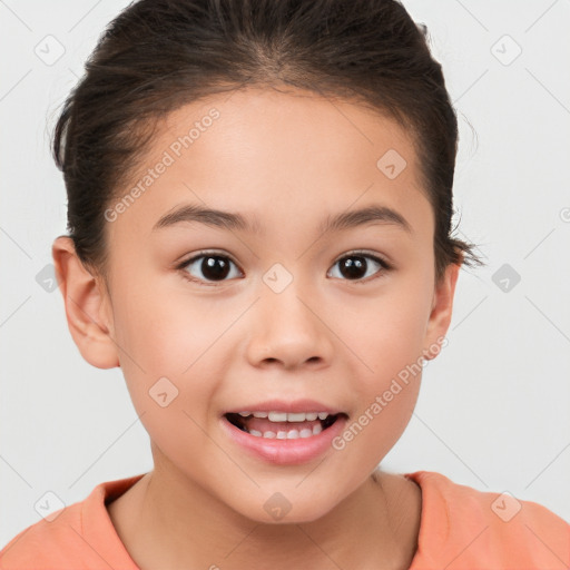 Joyful white child female with short  brown hair and brown eyes