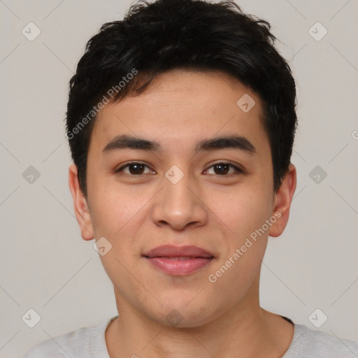 Joyful asian young-adult male with short  black hair and brown eyes