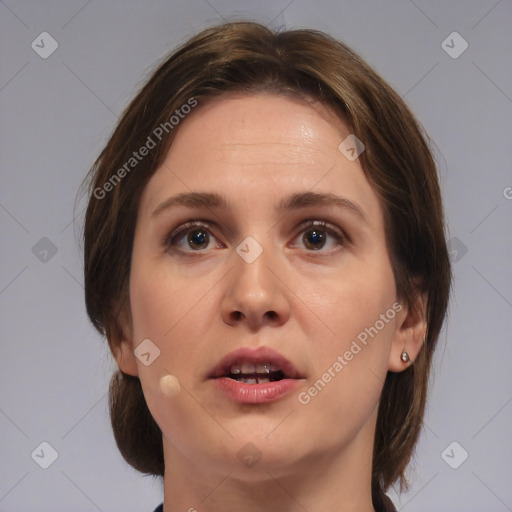 Neutral white young-adult female with medium  brown hair and brown eyes