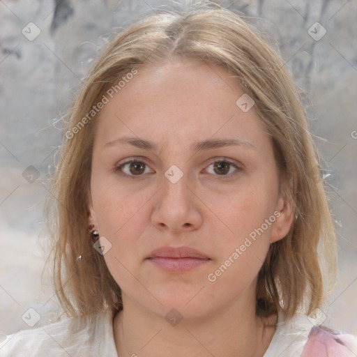 Neutral white young-adult female with medium  brown hair and grey eyes