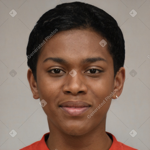 Joyful latino young-adult female with short  black hair and brown eyes