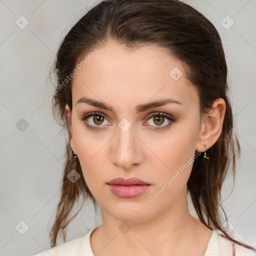 Neutral white young-adult female with medium  brown hair and brown eyes