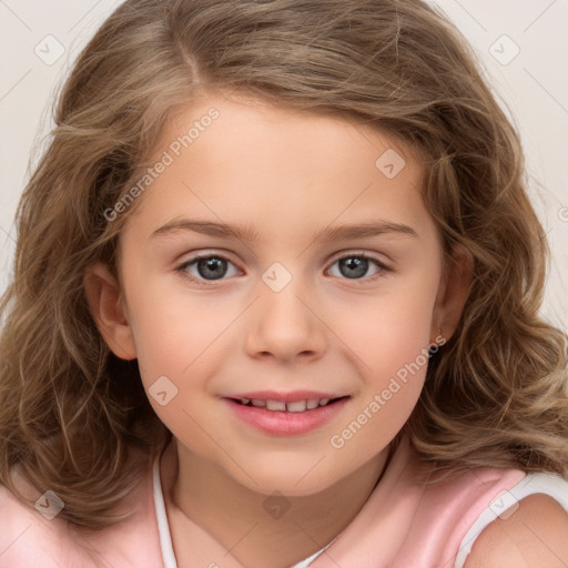 Joyful white child female with medium  brown hair and brown eyes