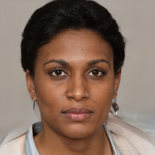 Neutral black young-adult female with short  brown hair and brown eyes