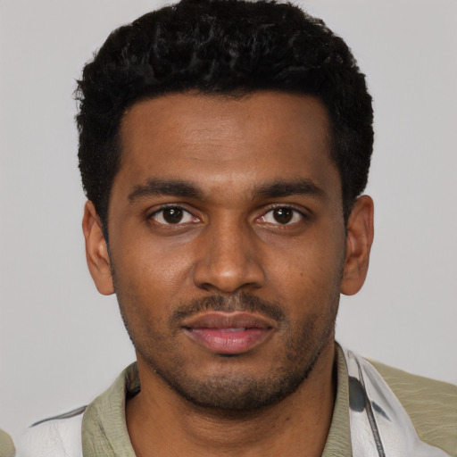 Neutral black young-adult male with short  black hair and brown eyes