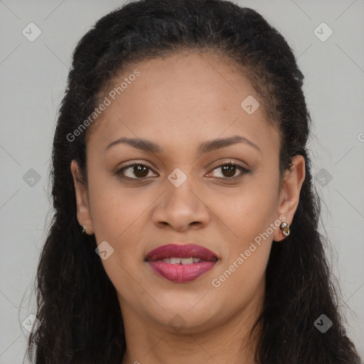 Joyful latino young-adult female with long  brown hair and brown eyes