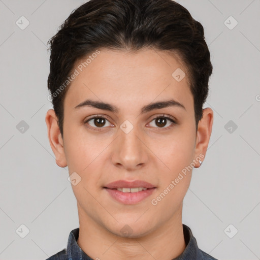 Joyful white young-adult female with short  brown hair and brown eyes