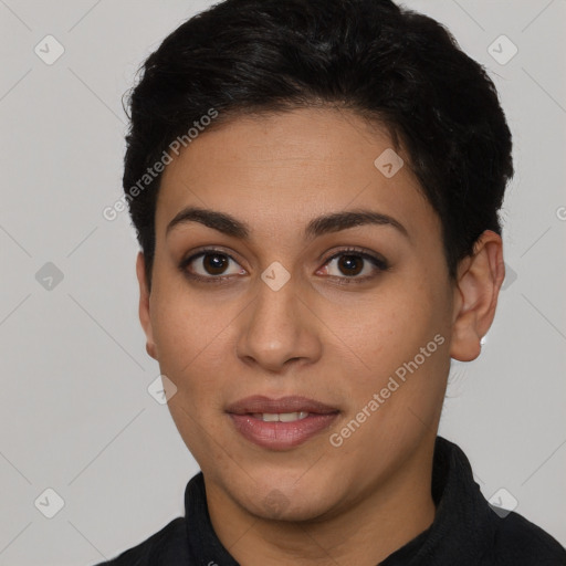 Joyful latino young-adult female with short  brown hair and brown eyes