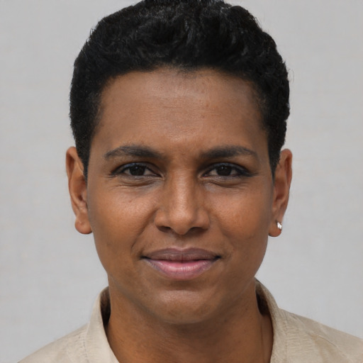 Joyful latino young-adult female with short  black hair and brown eyes