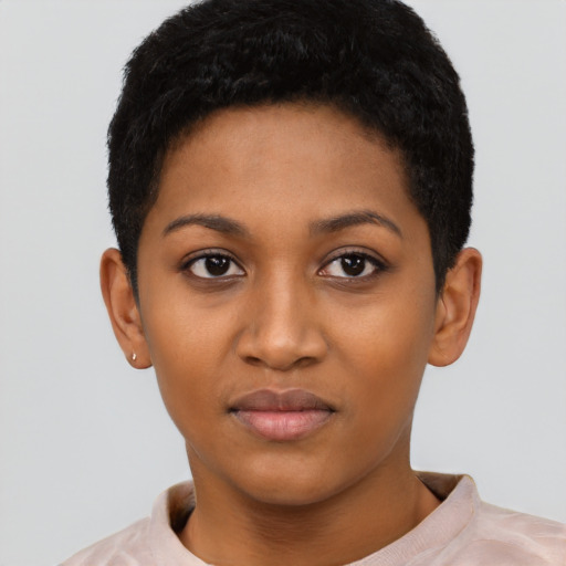Neutral black young-adult female with short  black hair and brown eyes