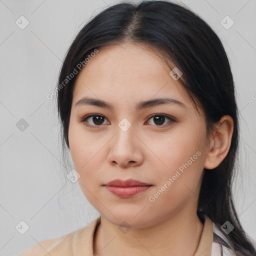 Neutral asian young-adult female with medium  brown hair and brown eyes