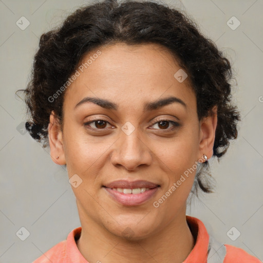 Joyful white adult female with short  brown hair and brown eyes