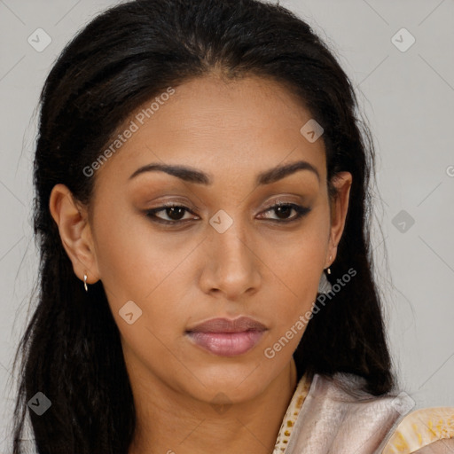 Joyful latino young-adult female with long  brown hair and brown eyes