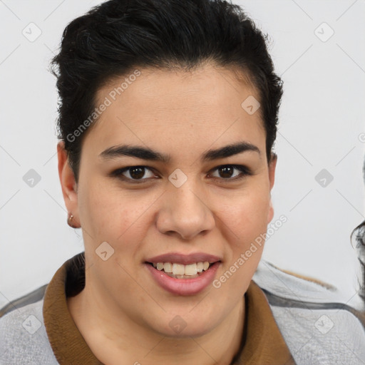 Joyful latino young-adult female with short  brown hair and brown eyes