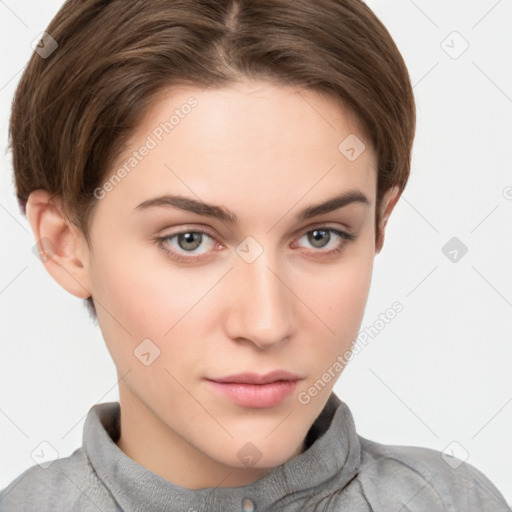 Neutral white young-adult female with short  brown hair and brown eyes